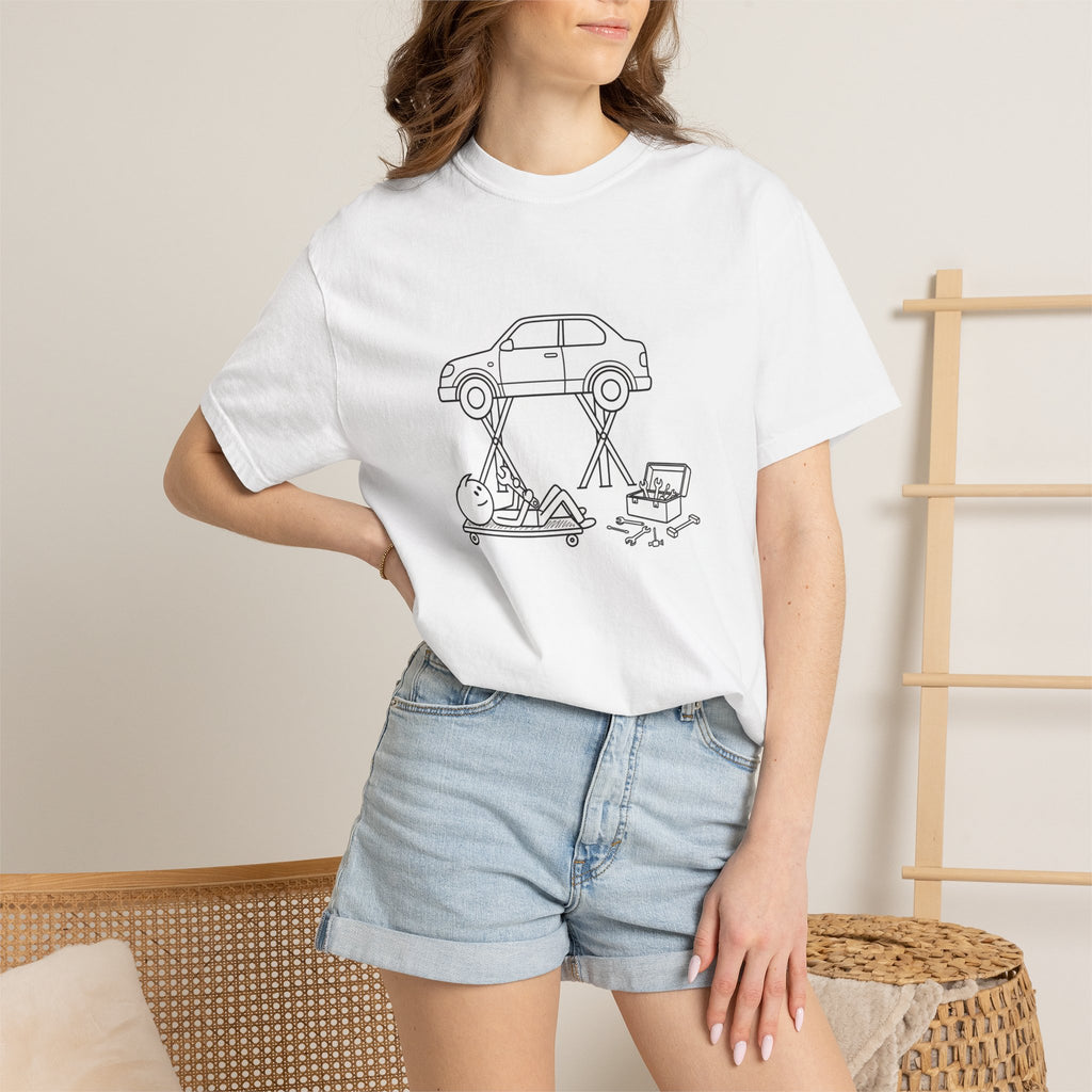 Mechanic Workshop Sketch T-Shirt — Car Lift Garage Line Art Tee