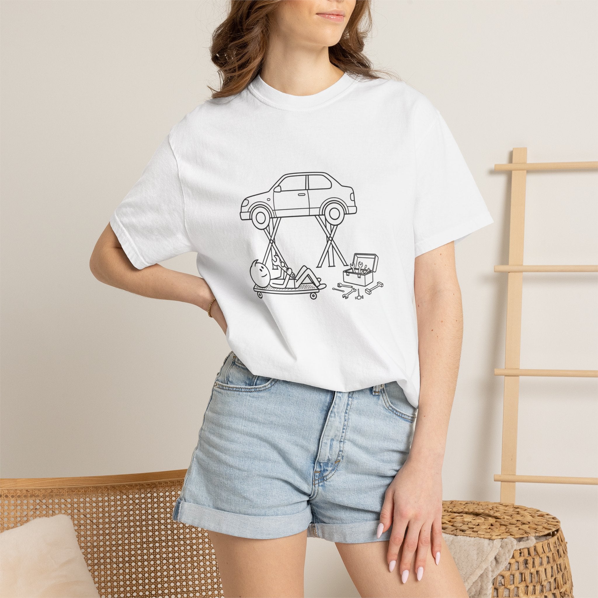 Mechanic Workshop Sketch T-Shirt — Car Lift Garage Line Art Tee