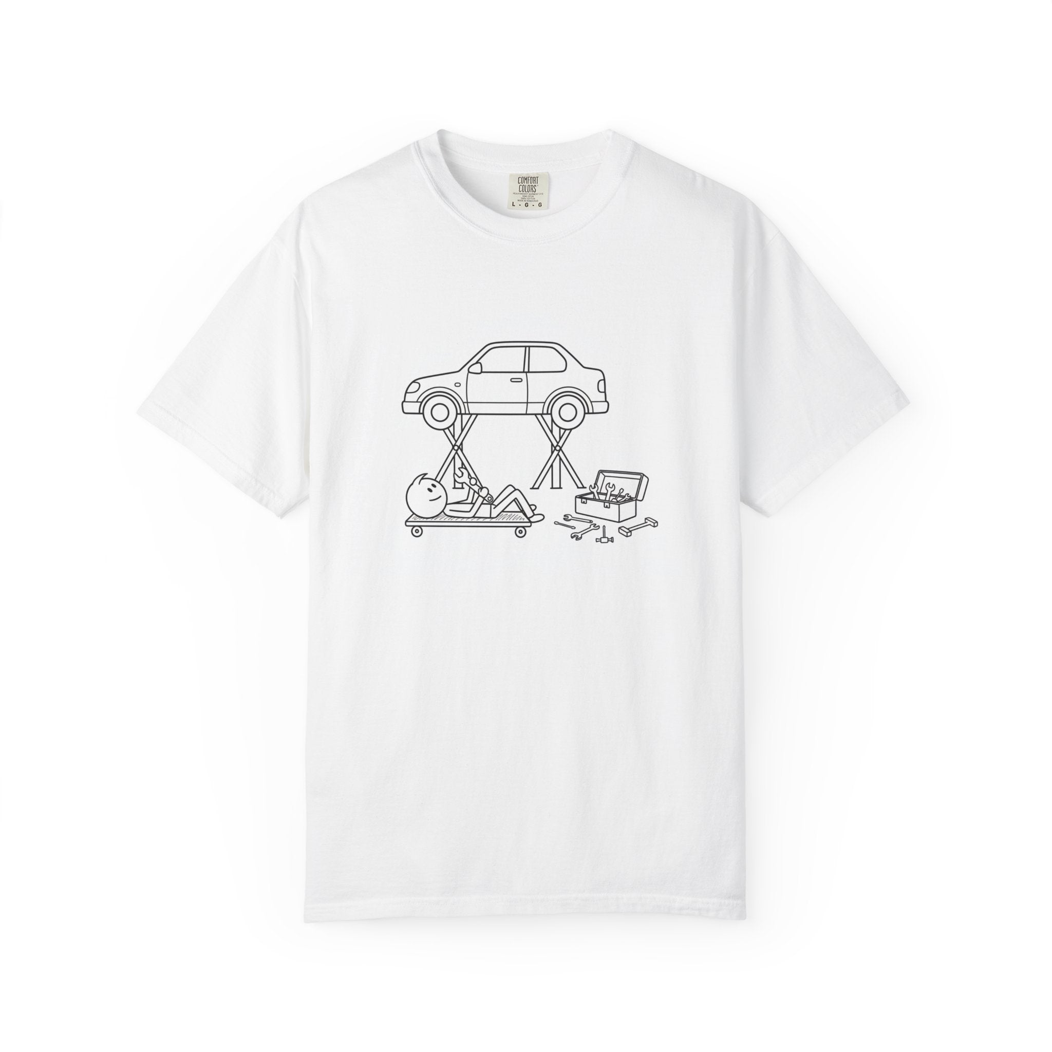 Mechanic Workshop Sketch T-Shirt — Car Lift Garage Line Art Tee