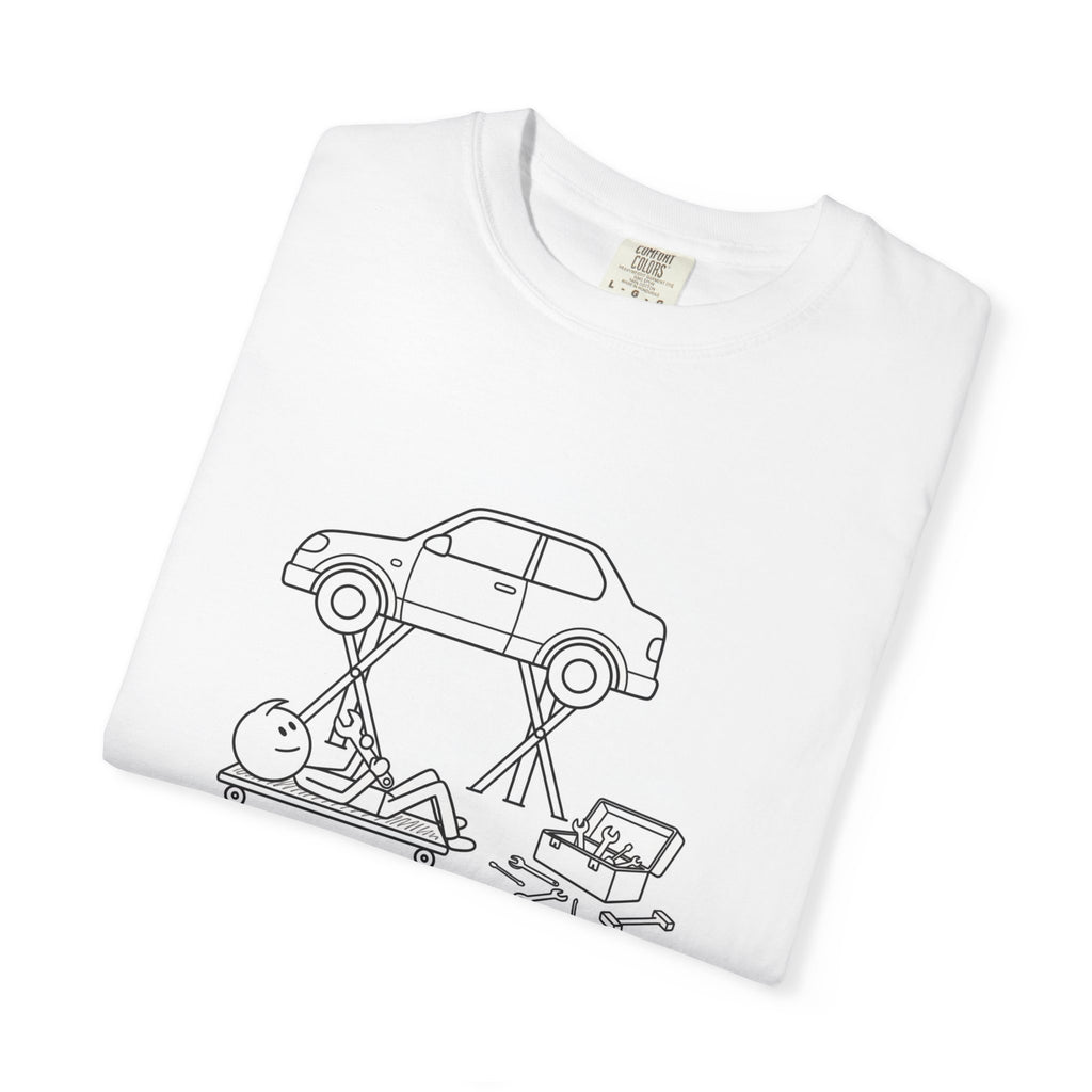 Mechanic Workshop Sketch T-Shirt — Car Lift Garage Line Art Tee