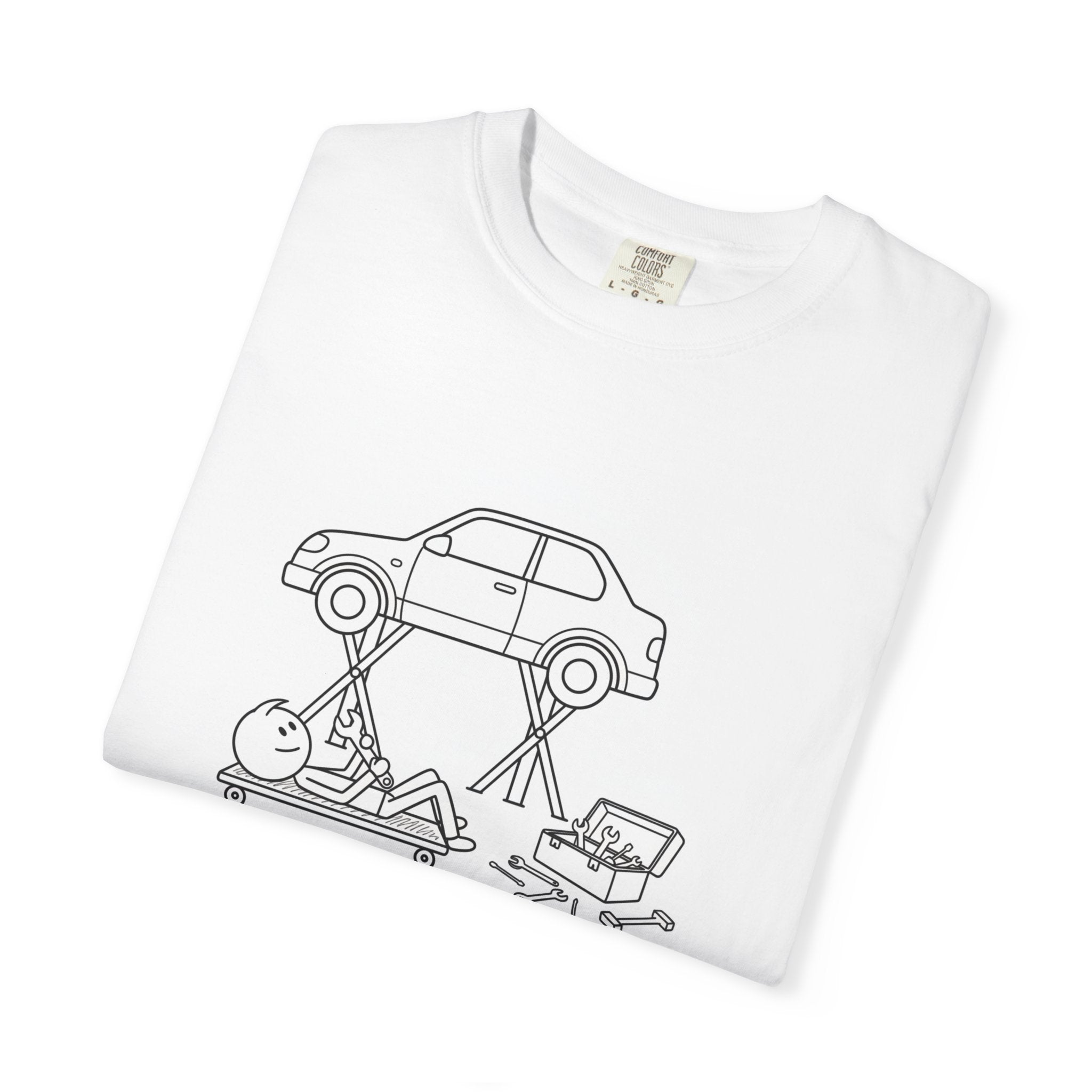 Mechanic Workshop Sketch T-Shirt — Car Lift Garage Line Art Tee